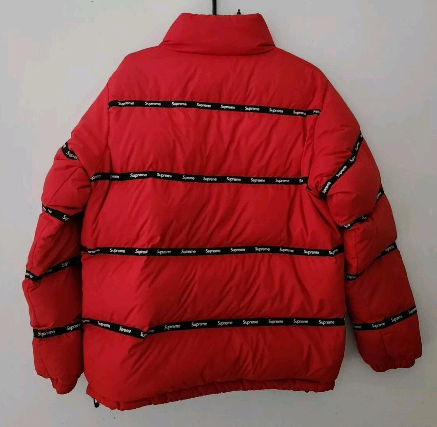 FW16 Supreme Logo Tape Puffy Jacket Size S Small Red Puffer