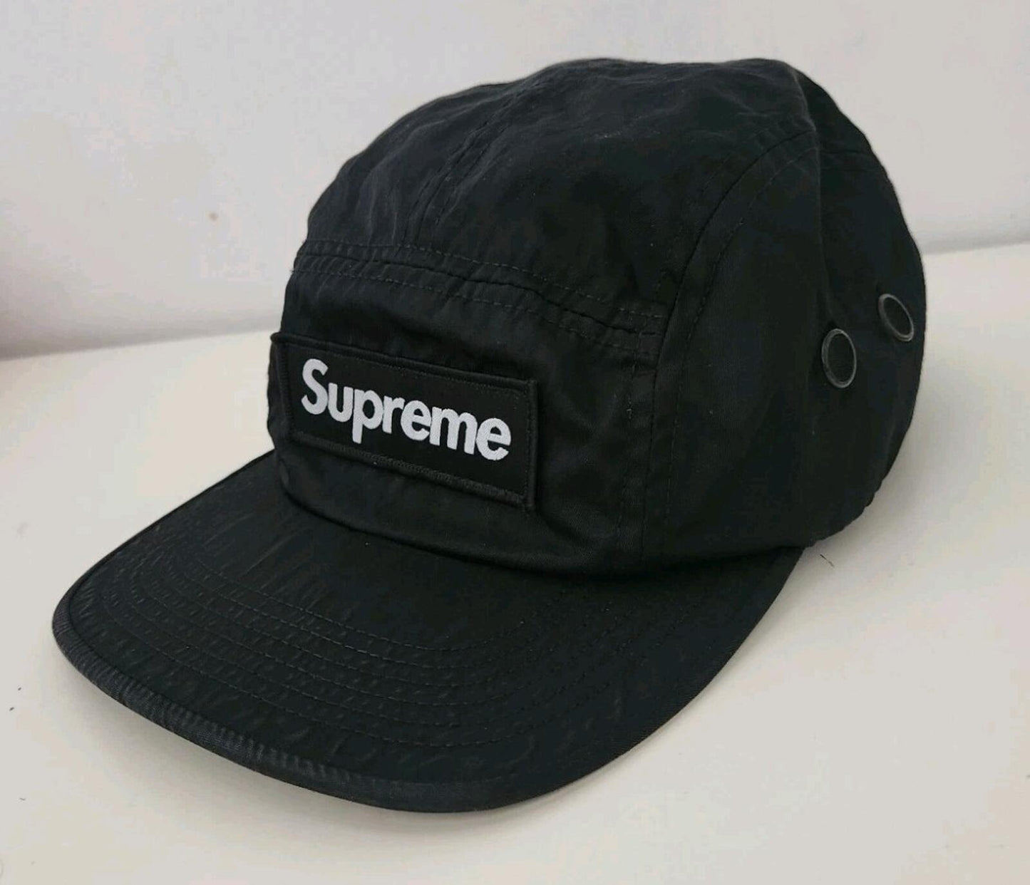 FW17 Supreme Washed Nylon Camp Cap Hat Black Box Logo Military
