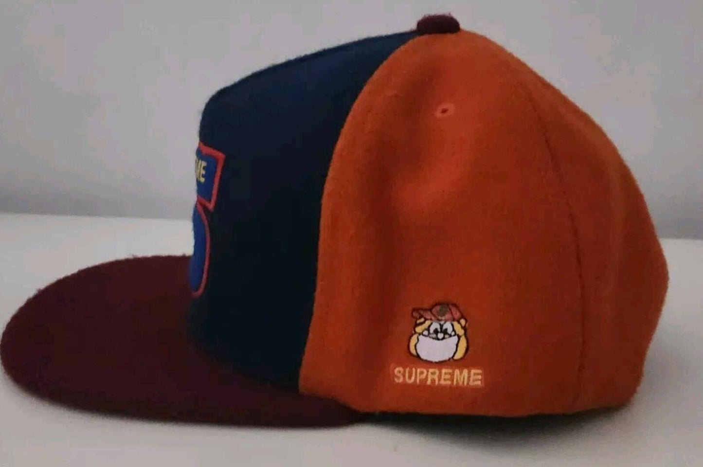 Gorra de 5 paneles de fieltro Supreme Milano FW15 negra, azul, naranja, lana, rara, 2015, logo S