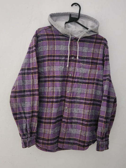 SS18 Supreme Hooded Plaid Flannel Shirt size M medium purple grey
