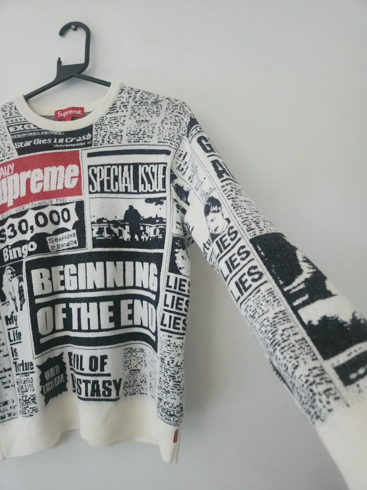 FW18 Supreme Newsprint Pullover Merinowolle Weiß Größe S