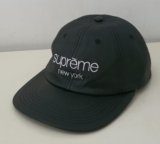Gorra de 6 paneles FW16 Supreme Leather Classic Logo negra rara