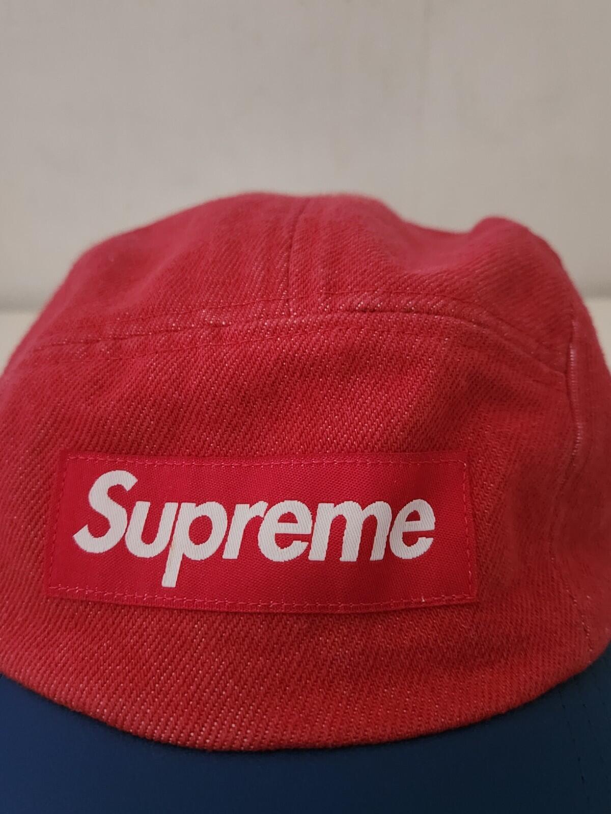 SS20 Supreme 2-Tone Denim Camp Cap Red Blue Hat Leather Visor Box Logo