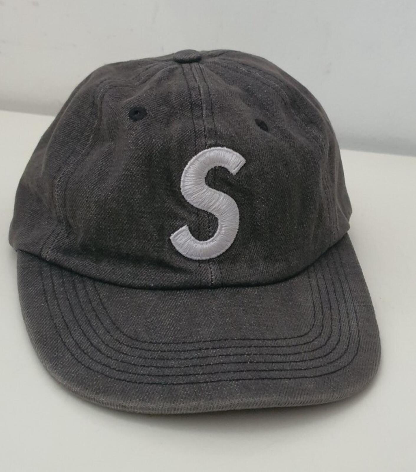 SS17 Supreme Washed Denim S Logo 6 Panel cap black hat grey
