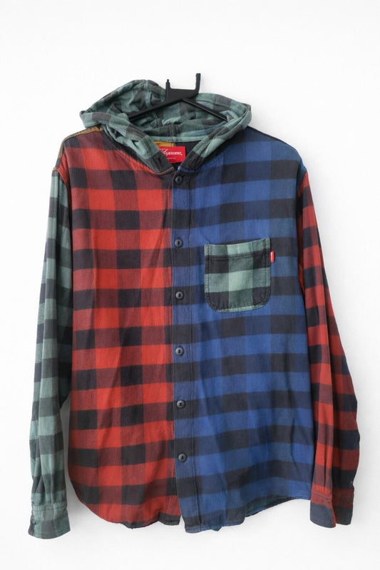 FW17 Supreme Hooded Buffalo Flannel Plaid Shirt Blue Green Red Yellow Size M