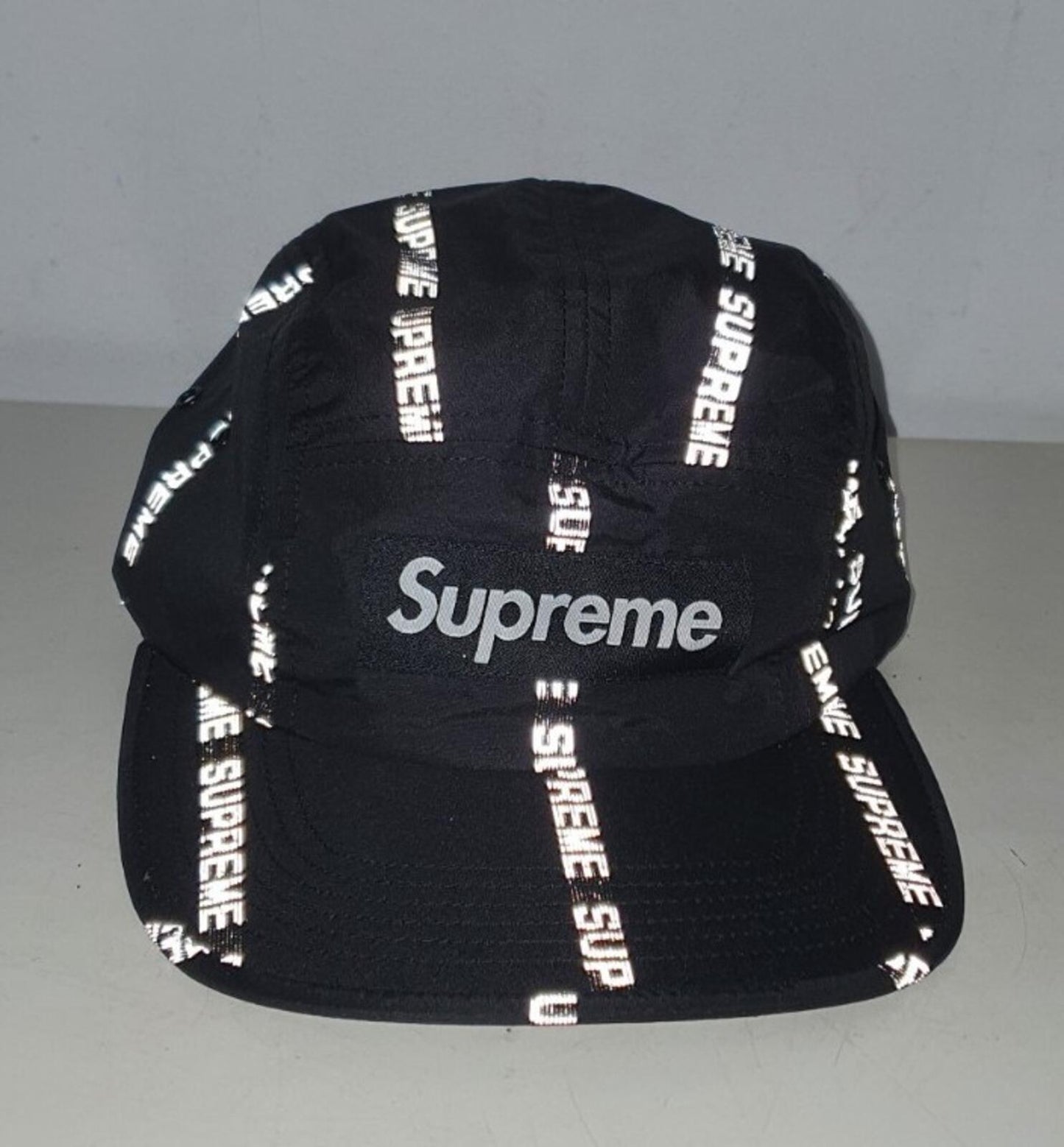 FW18 Supreme reflective text camp cap black hat water resistant jacquard logo