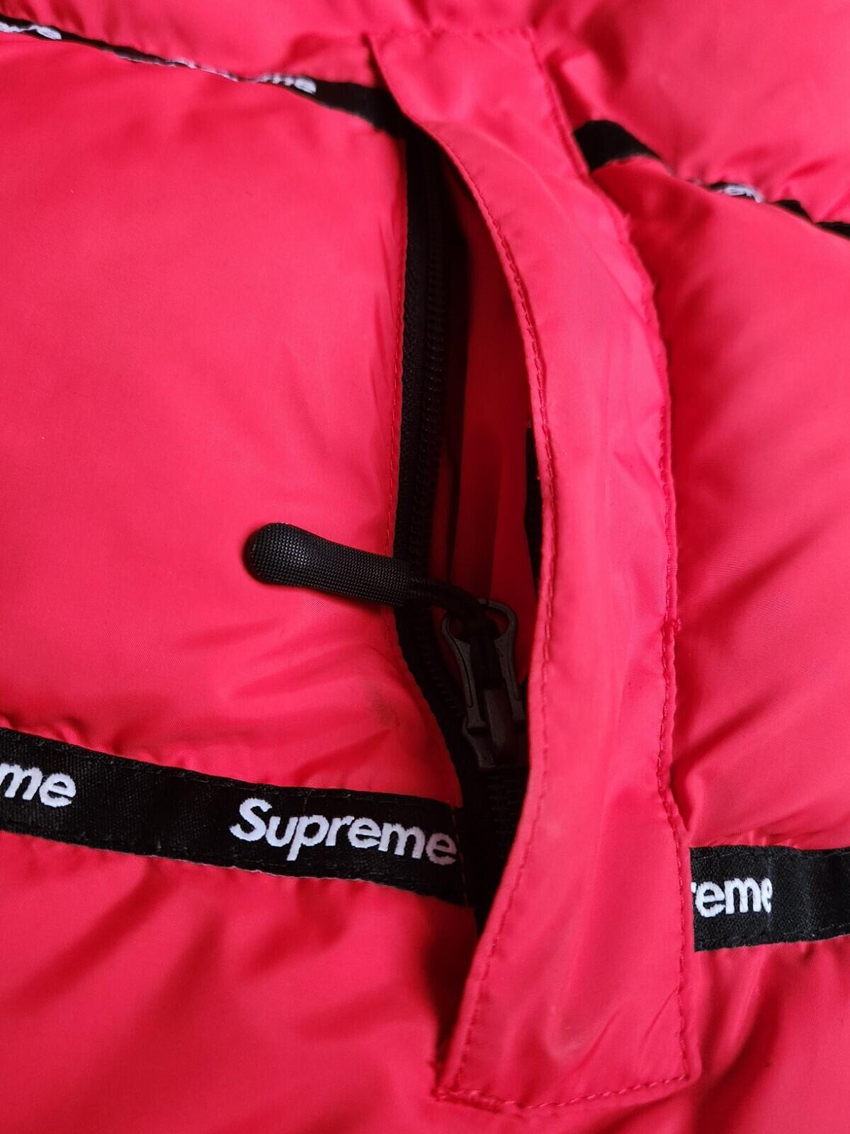 FW16 Supreme Logo Tape Puffy Jacket Size S Small Red Puffer