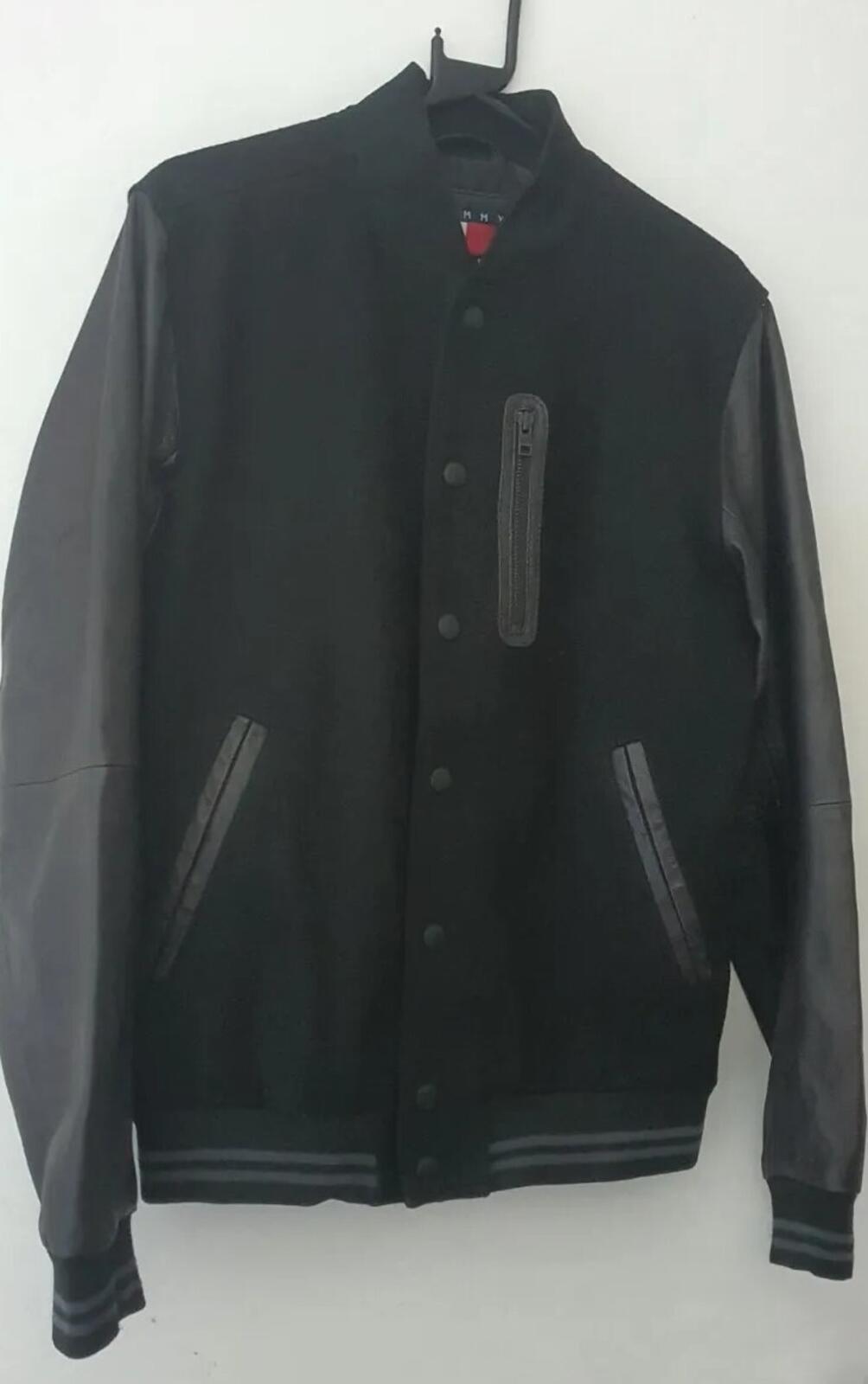 TOMMY JEANS £189 Varsity Wool Bomber Goat Leather Sleeves Black Jacket Hilfiger