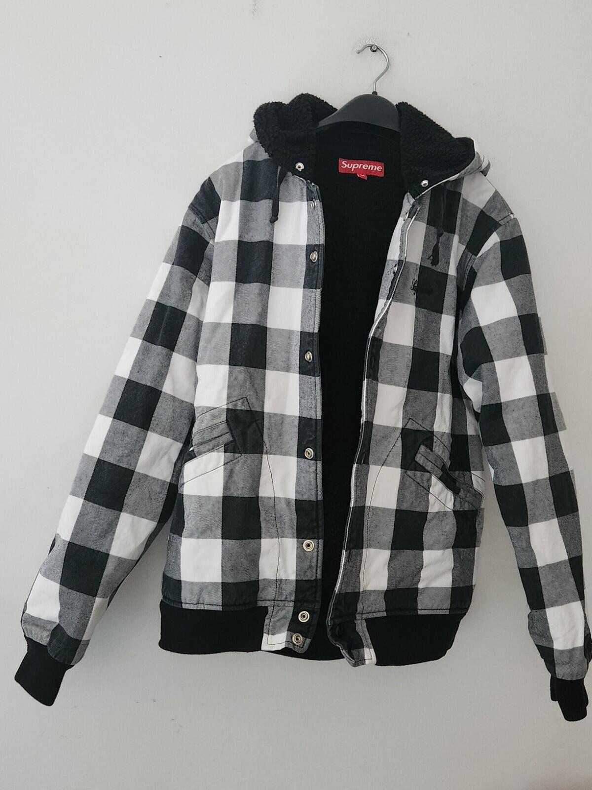 2005 Supreme Plaid Buffalo Jacket Thermal Lining Hooded Shirt Vintage Black M