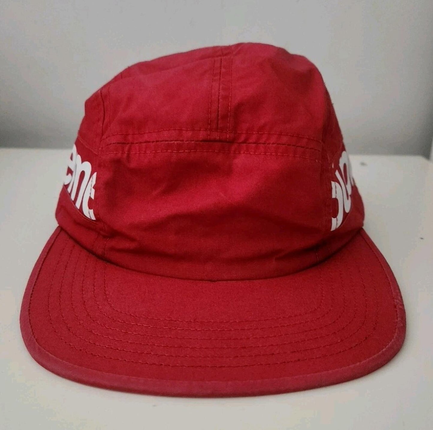 FW18 Supreme Side Panel Camp Cap red big logo hat made in USA