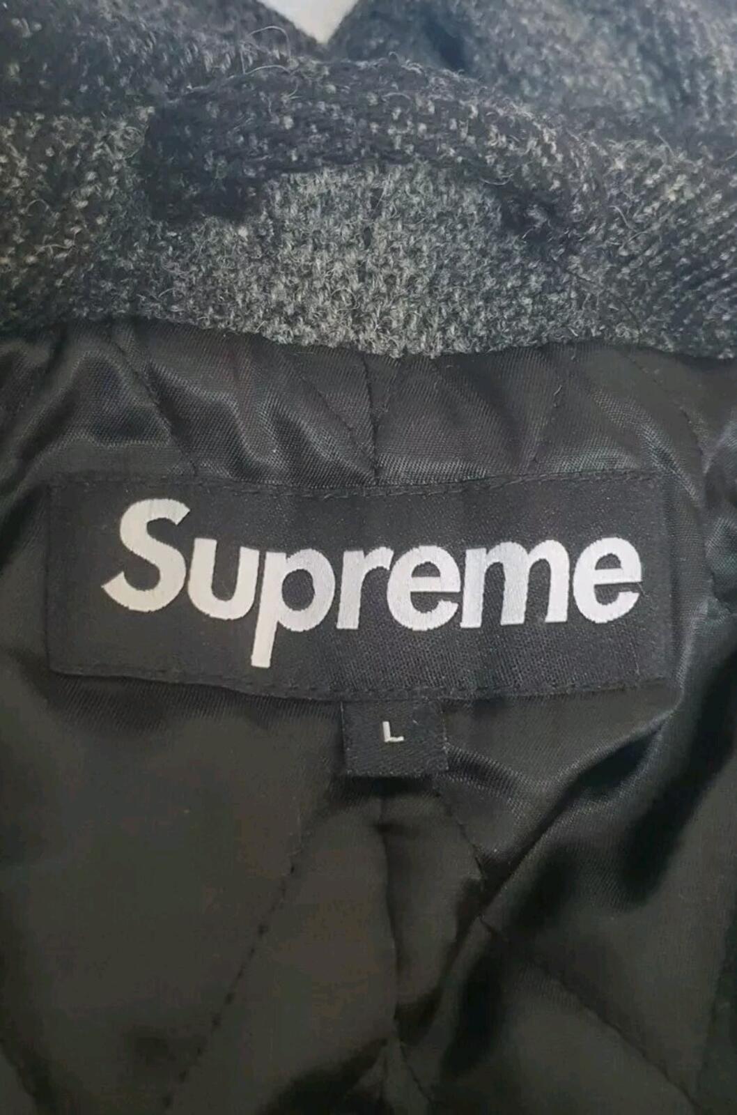 FW16 Supreme Shadow Plaid Woolrich Wool Overcoat Charcoal L Large Coat