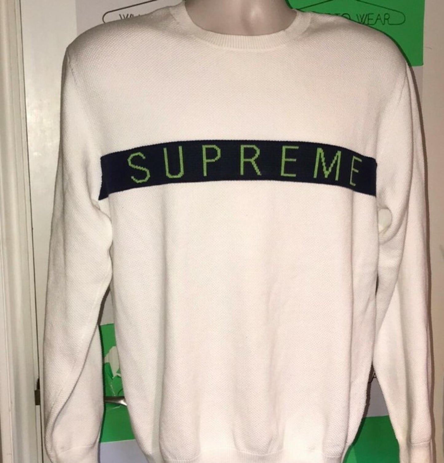 FW16 Supreme Logo Stripe Pique Crewneck White Size M
