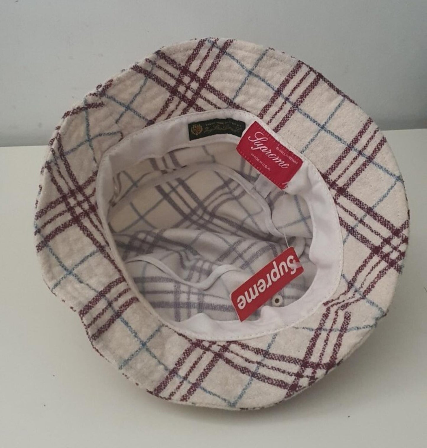 SS14 Supreme Loro Piana French Terry crusher S/M White Plaid Rare bucket hat New