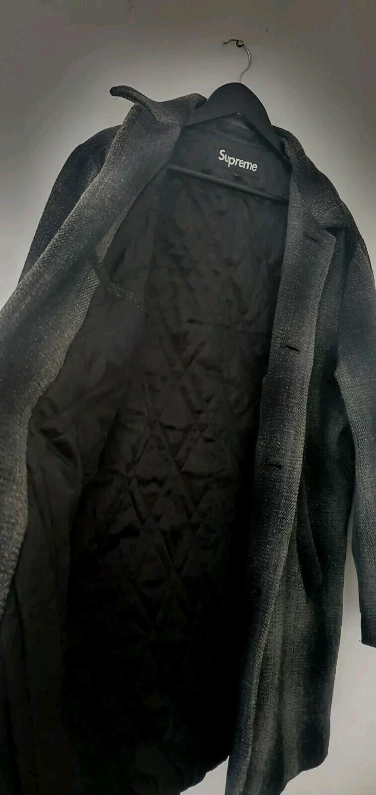 FW16 Supreme Shadow Plaid Woolrich Wool Overcoat Charcoal L Large Coat