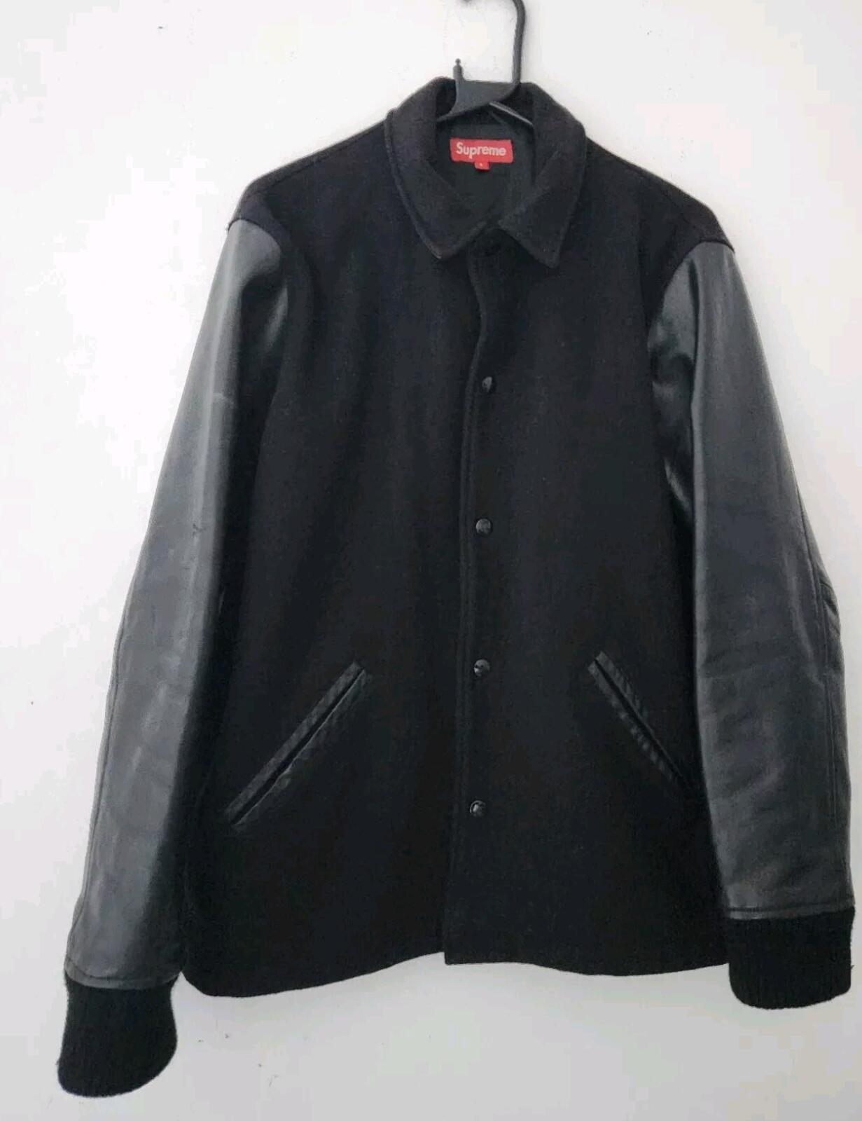 FW11 Supreme Miners Jacket Wool Leather Sleeves Black Large Vintage 2011 Varsity