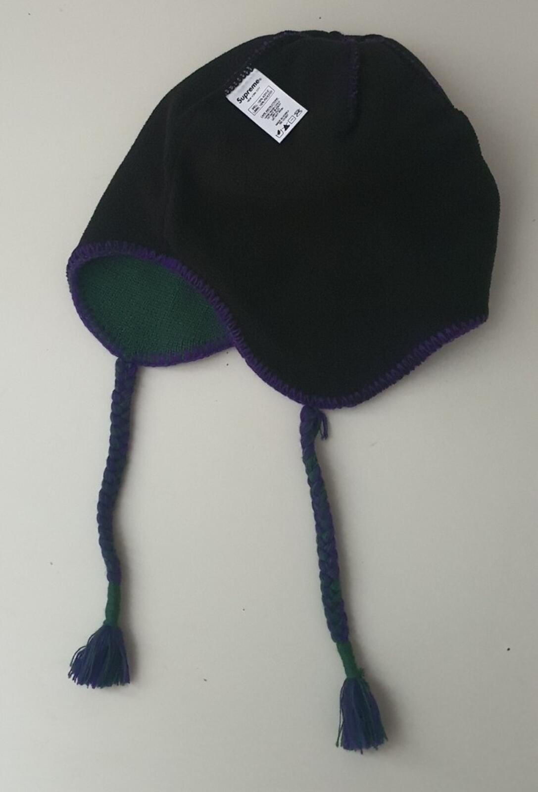FW19 Supreme Split Logo Earflap Beanie Purple Green Hat