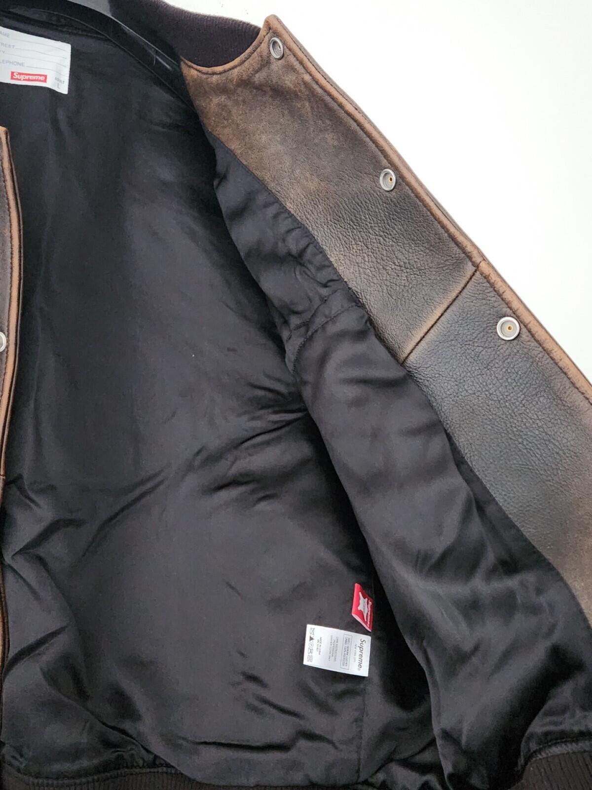 SS19 Supreme Leather Varsity Jacket L black Lambskin Brown Coat Satin Lining