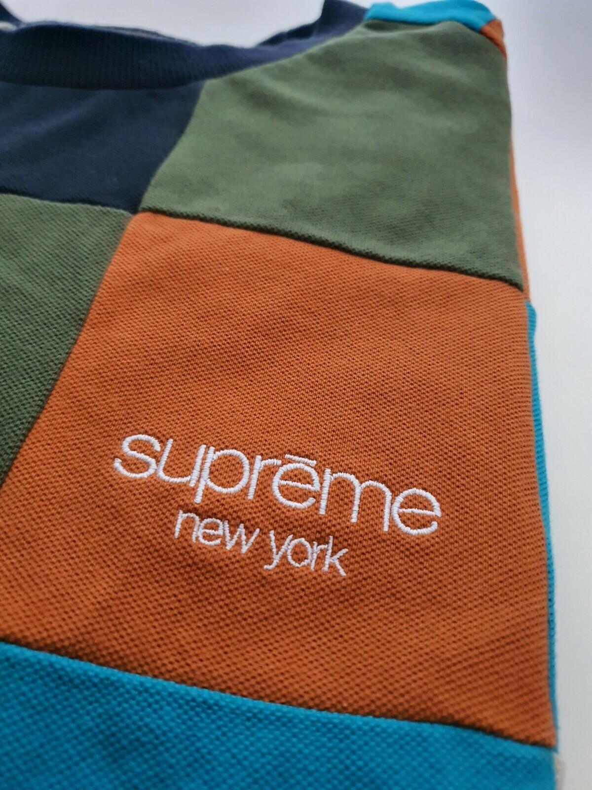 FW18 Supreme Patchwork Pique T-Shirt Marine/Petrol/Orange Größe L