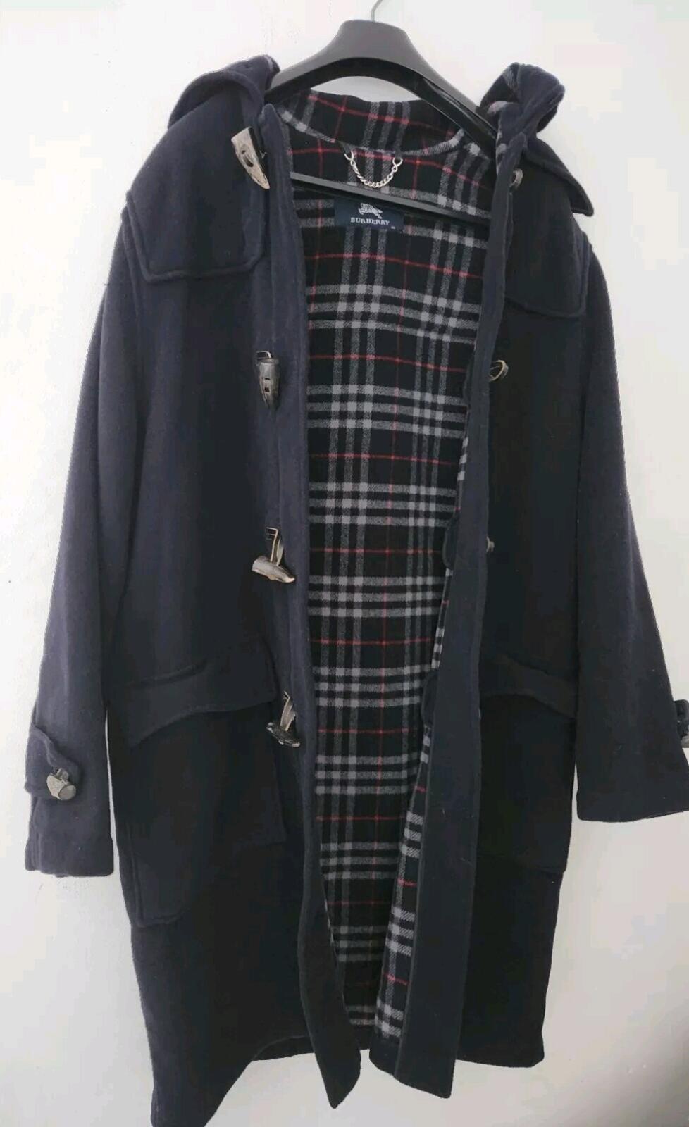 Burberry Duffle Wool Hooded Coat Navy Tartan Size Boys 14Y Fits Mens M Medium
