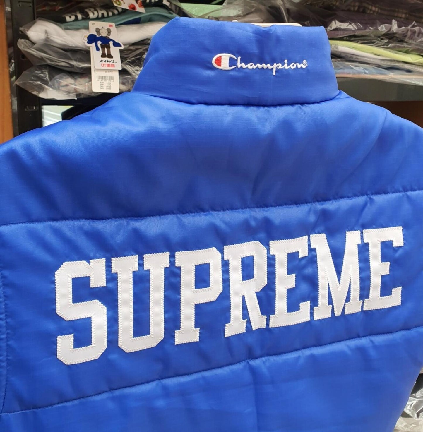 SS17 Supreme x Champion Puffy Vest Gilet Blau Größe S