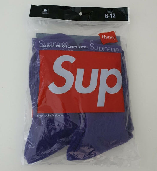 SS21 Supreme Hanes Calcetines de tripulación acolchados morados, paquete de 4, talla 6-12, nuevos y sin abrir