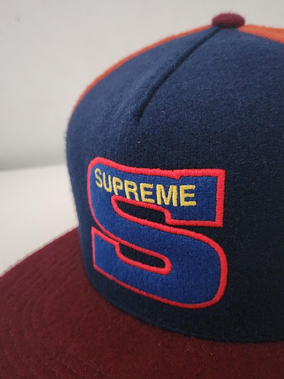 Gorra de 5 paneles de fieltro Supreme Milano FW15 negra, azul, naranja, lana, rara, 2015, logo S