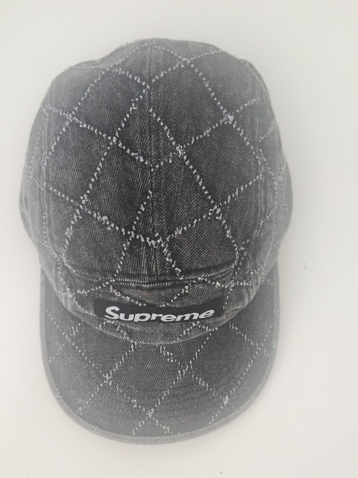 FW23 Supreme Punched Denim camp cap black hat 15 Oz. denim leather strap closure