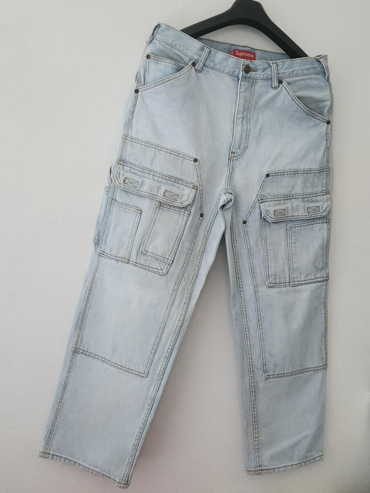Pantalones utilitarios de mezclilla de doble rodilla Supreme SS22 talla 32 W32 L32, color azul lavado