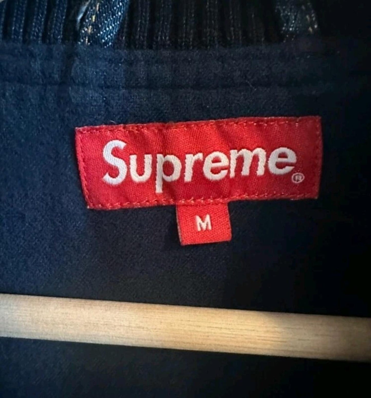 FW14 Supreme Denim Twill Varsity Jacket M Medium Vintage 2014 Flannel Lining