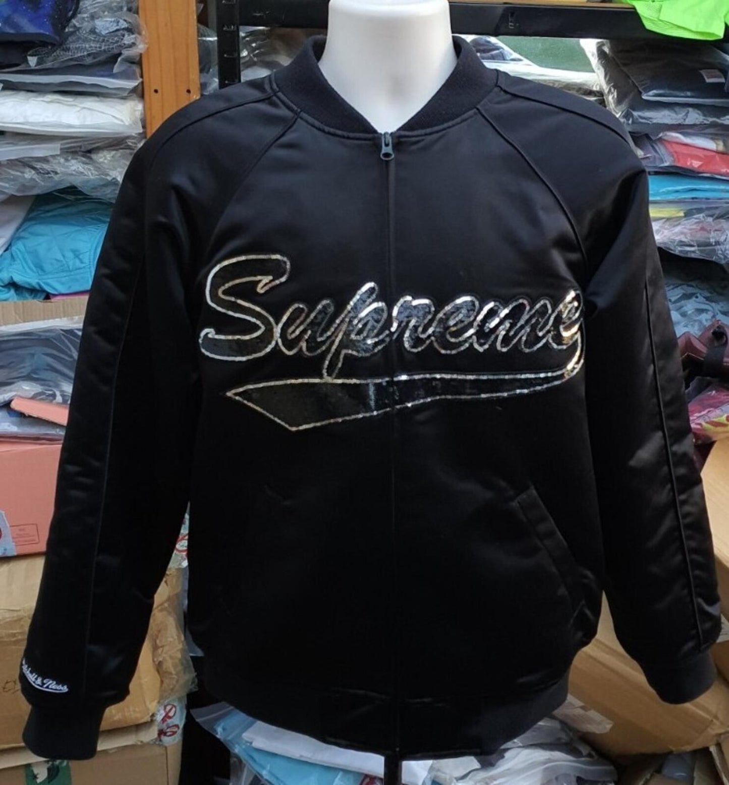 FW21 Supreme Mitchell & Ness logo varsity jacket black medium satin sequin logo
