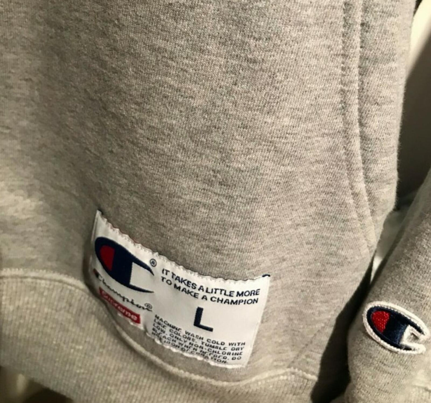 FW15 Supreme x Champion hooded sweatshirt size L large hoodie heather grey Rare