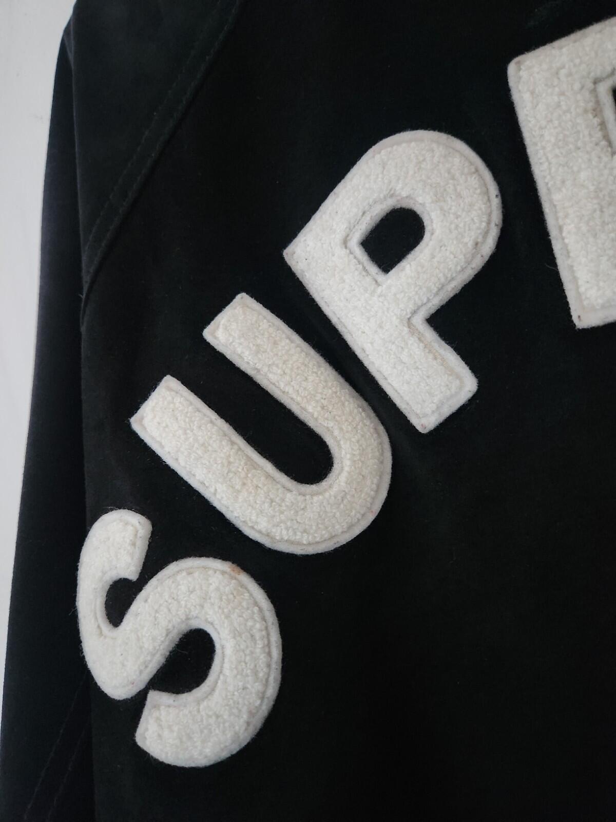 SS17 Supreme Suede Varsity Jacket L Large Black Leather Chenille Logo Coat Satin