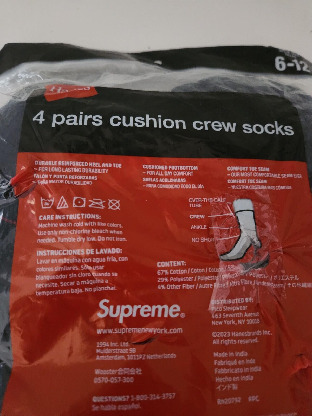 SS25 Supreme Hanes crew socks ( 4 pack ) Black Cotton Sock New Unopened