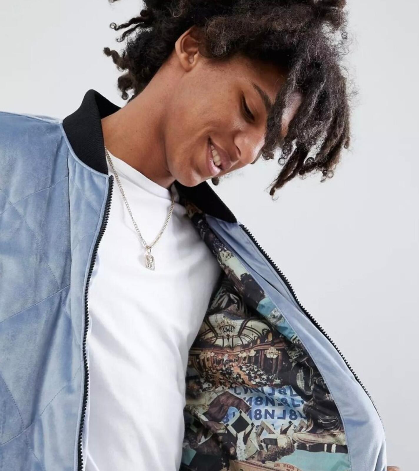 LEVI'S Line 8 Quilted Velvet Bomber Jacket Kano Blue Size S Small RRP £85