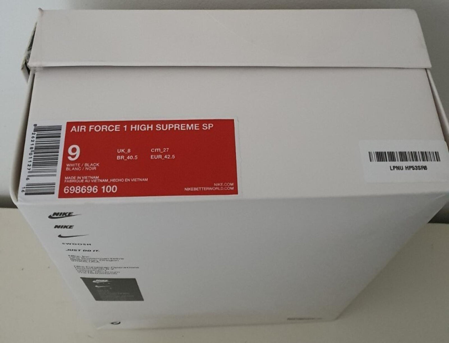 FW14 Supreme Nike Air Force 1 Hi US 9 UK 8 EU 42.5 Sneaker Schuhe Lot Weiß Selten