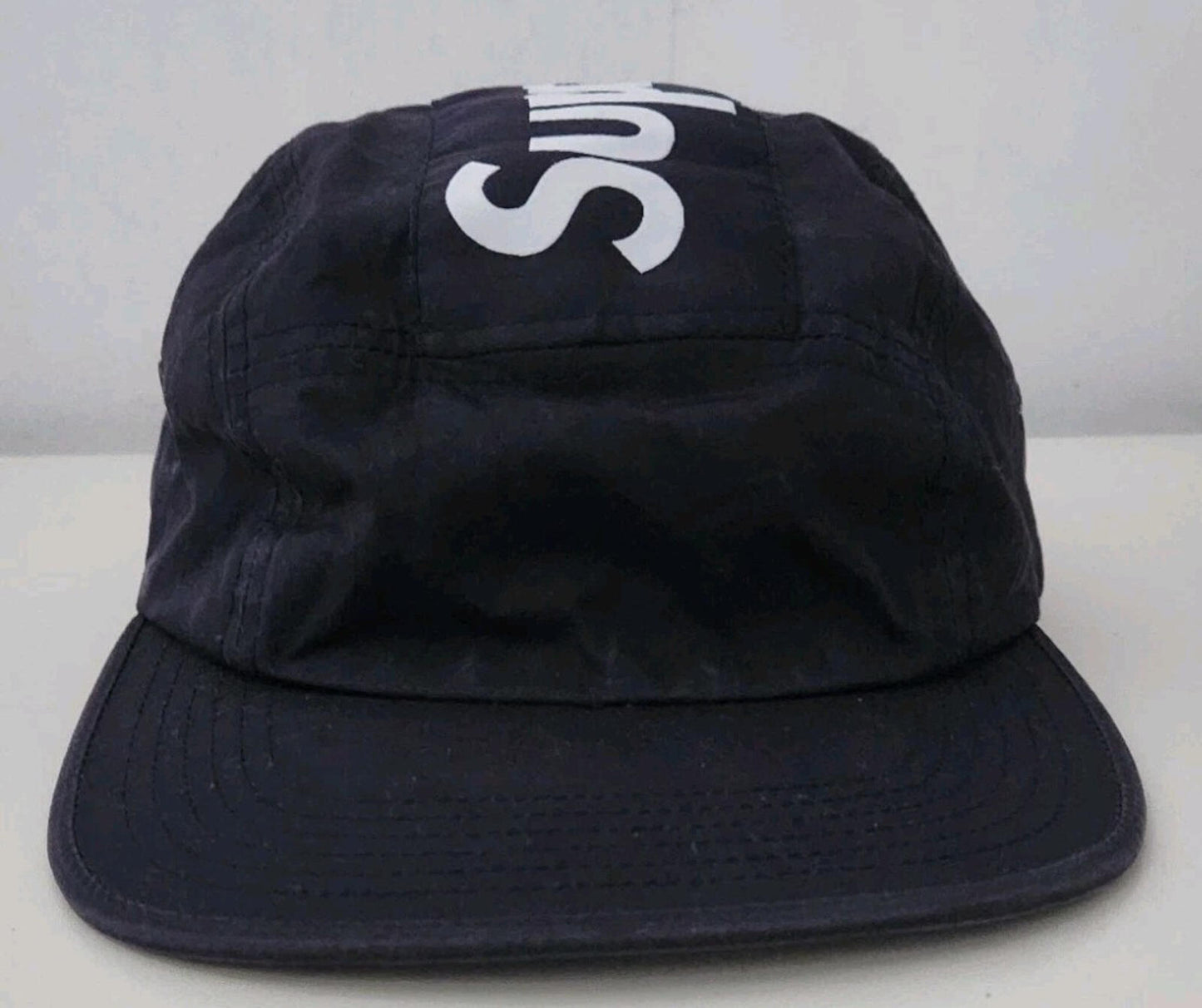 Gorra de campamento con paneles a rayas FW16 Supreme negra con logo grande