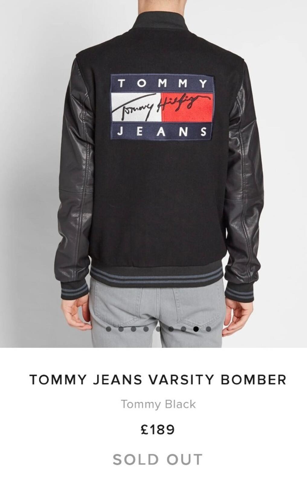 TOMMY JEANS £189 Varsity Wool Bomber Goat Leather Sleeves Black Jacket Hilfiger