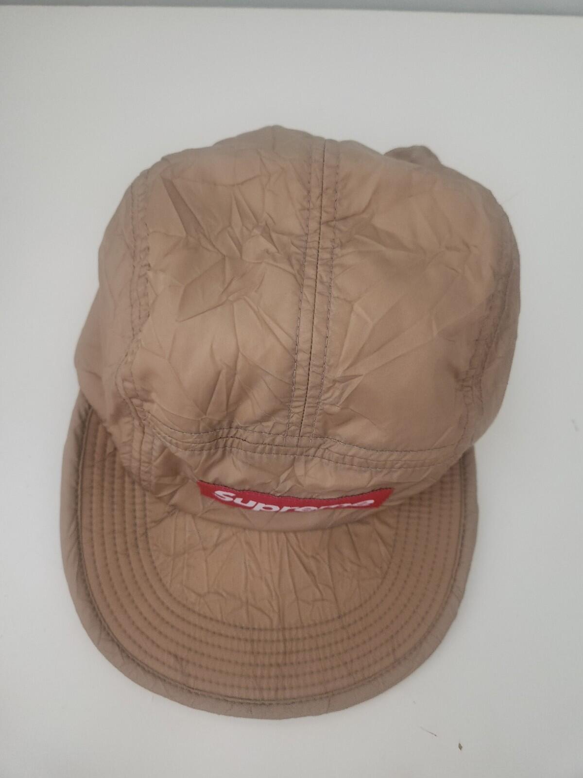 FW15 Supreme Wrinkled Nylon Soft Bill Camp Cap Hat Red Box logo Vintage 2015 Tan