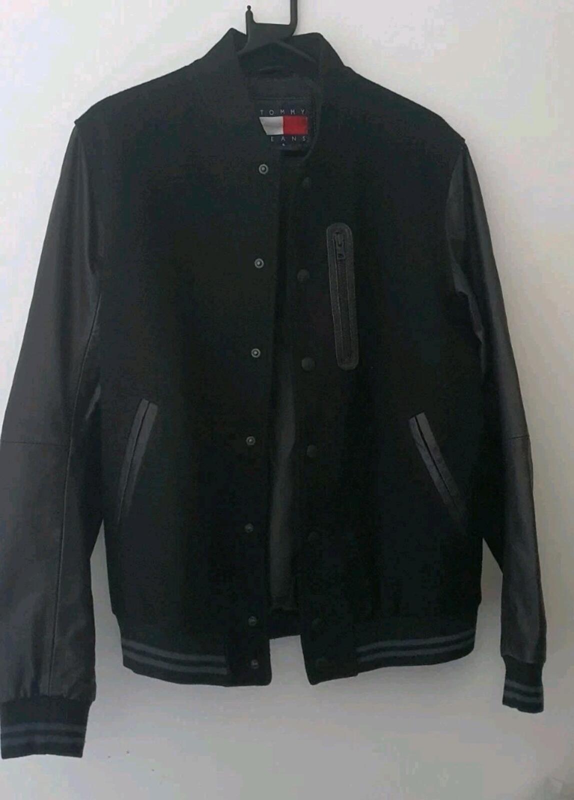 TOMMY JEANS £189 Varsity Wool Bomber Goat Leather Sleeves Black Jacket Hilfiger