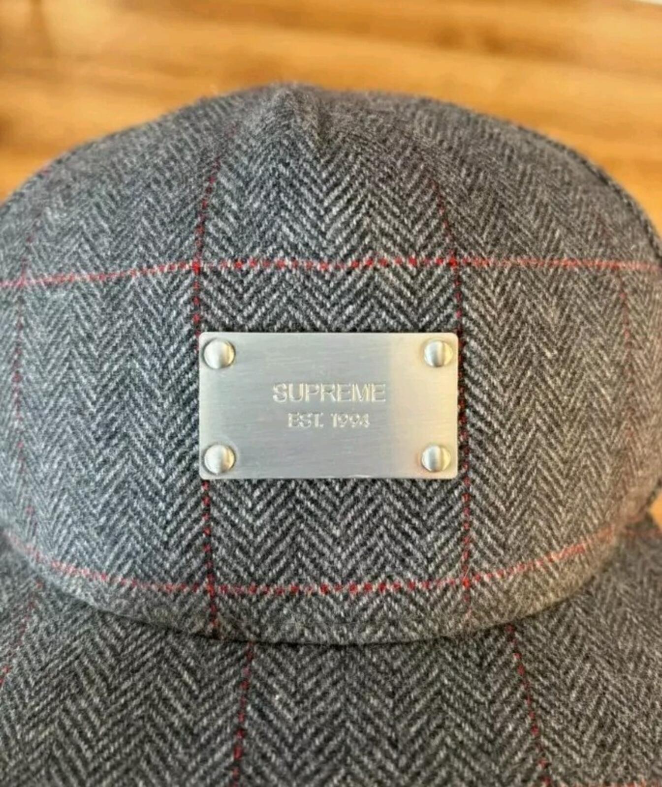 FW11 Supreme Wool Windowpane Metal Plate 5-panel cap Grey Starter hat Vintage