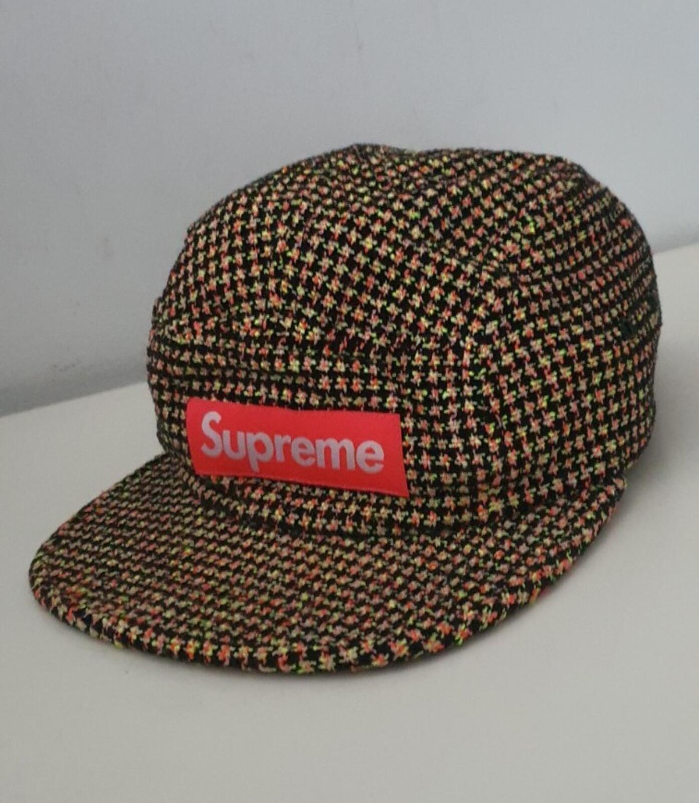 FW17 Supreme BOUCLÉ HOUNDSTOOTH CAMP CAP hat box logo Neon