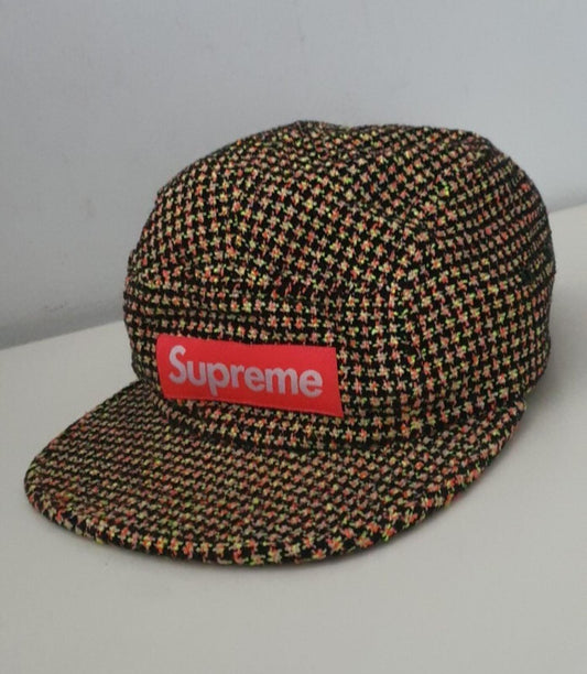 FW17 Supreme BOUCLÉ HOUNDSTOOTH CAMP CAP hat box logo Neon