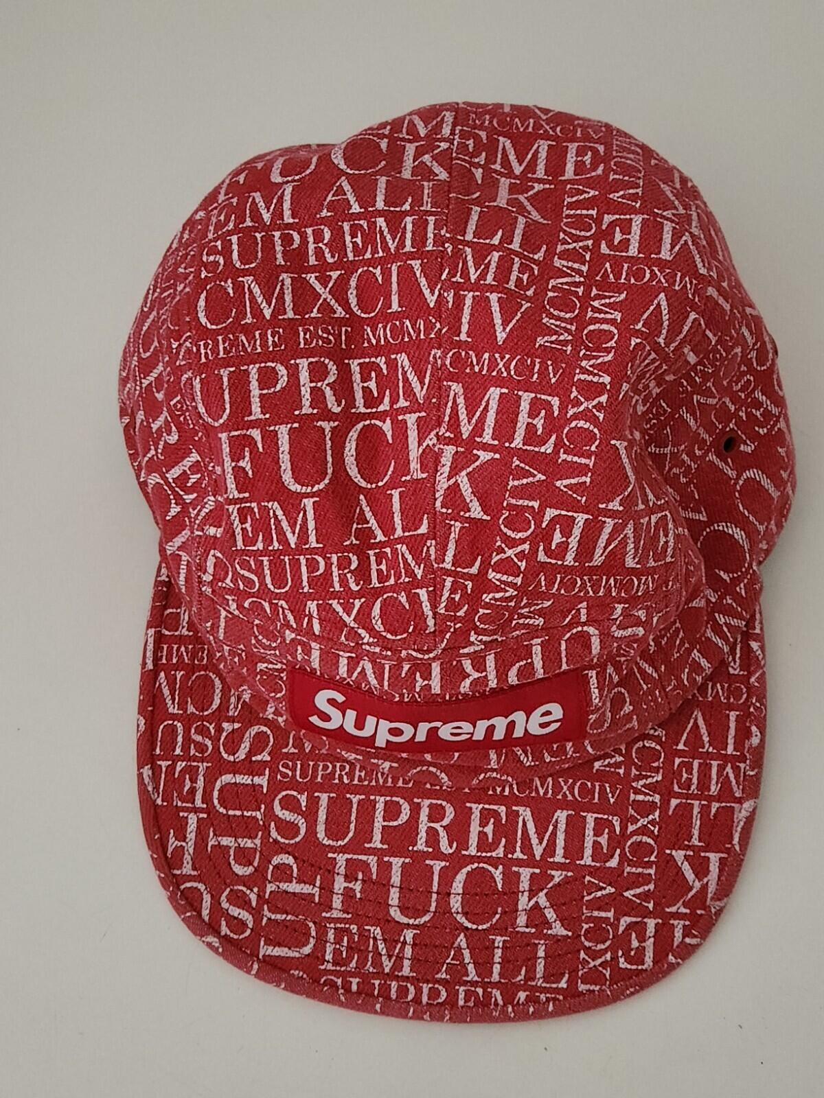FW15 Supreme F UCK EM' ALL denim camp cap Red hat box logo