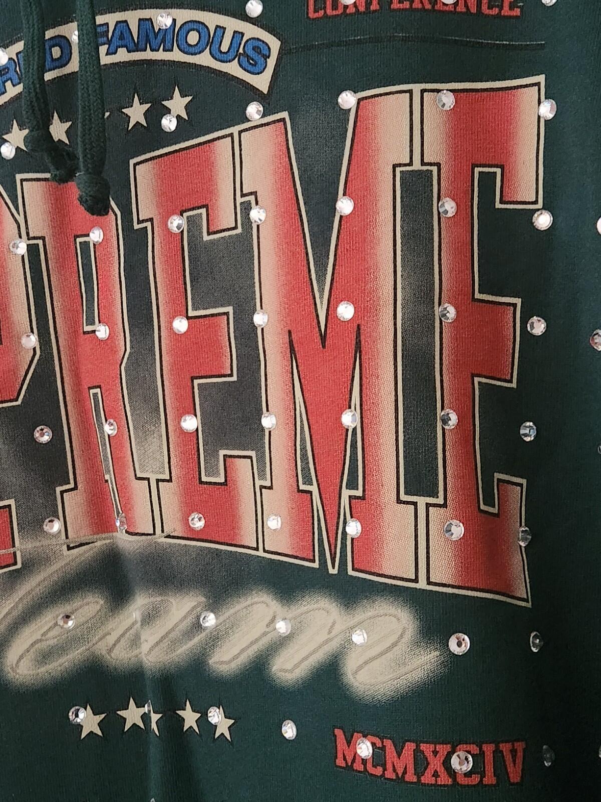 FW21 Supreme Rhinestone Hooded Sweatshirt Dark Green Size M