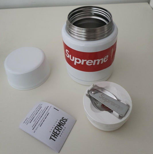 FW18 Supreme Termo Bote para Comida de Acero Inoxidable y Cuchara King, logo blanco en caja
