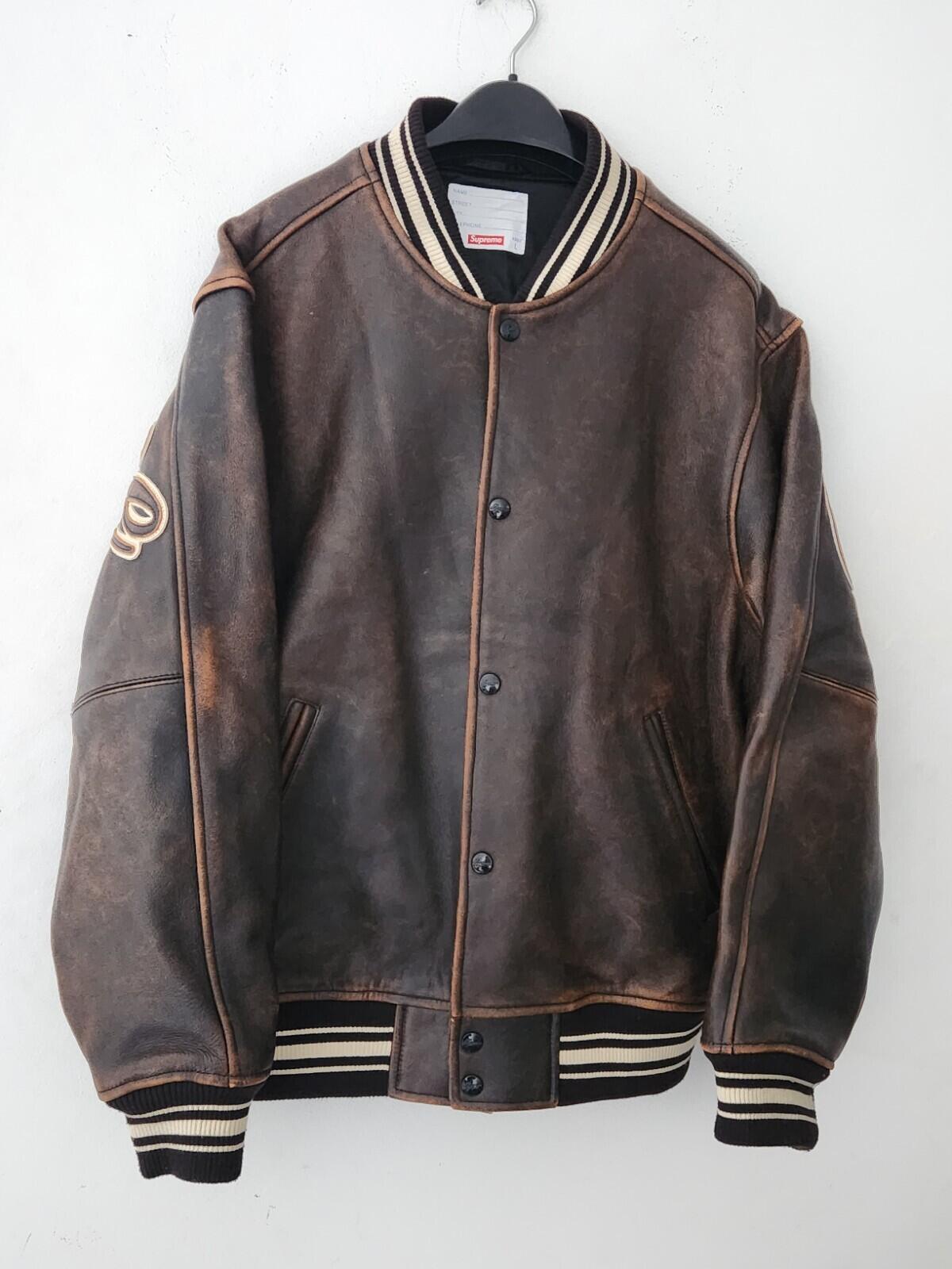 SS19 Supreme Leather Varsity Jacket L black Lambskin Brown Coat Satin Lining