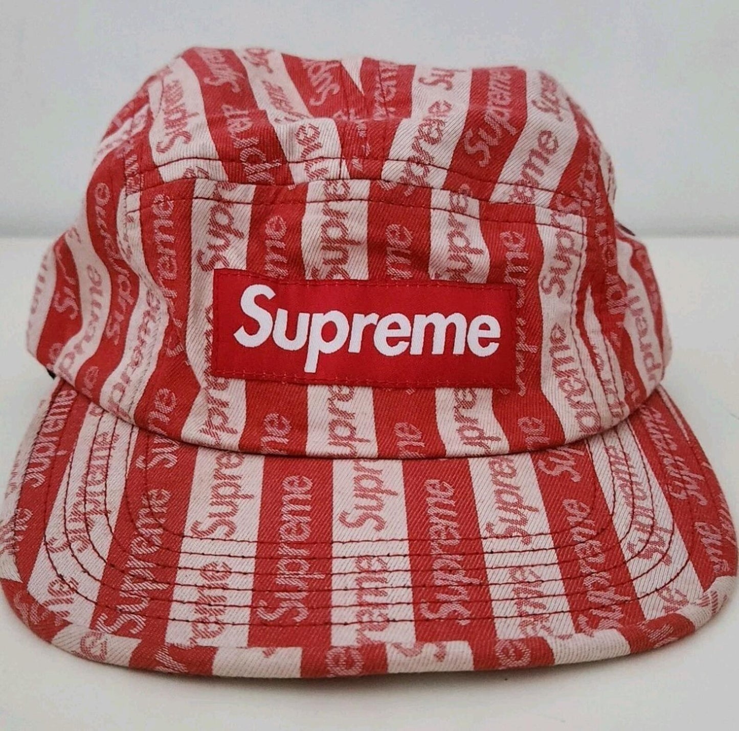 FW14 Supreme Jacquard Logo Camp Cap Red White Red Box Logo made in USA Vintage