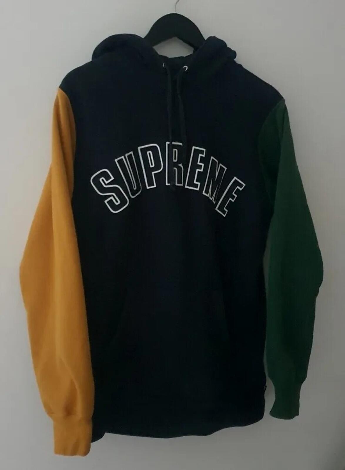 FW16 Supreme Color Blocked Arc Logo Hooded Sweatshirt Navy Size M