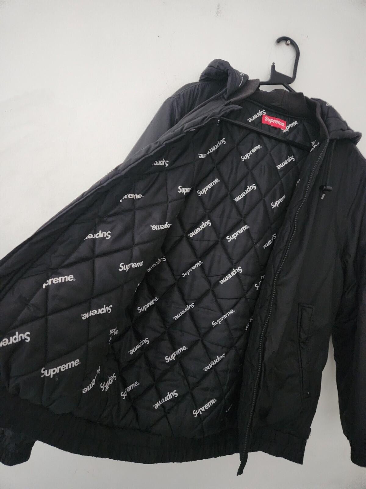 FW15 Supreme 2Tone Hooded Sideline Jacket Black Tackle Twill Logo White M Medium