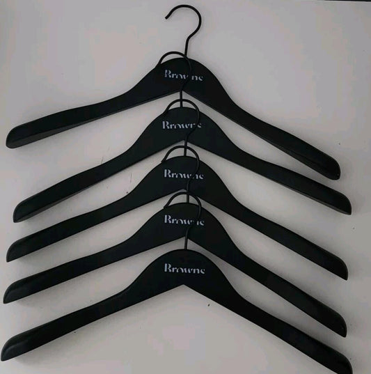 5 x BROWNS Black Wooden Coat Hangers with Broad ends for Suits Jackets 17" 43cm